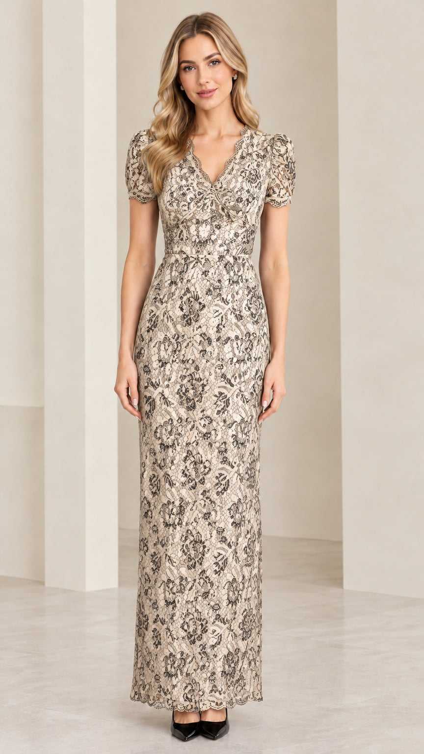 Front full view of model wearing champagne beige floral lace short sleeve maxi dress