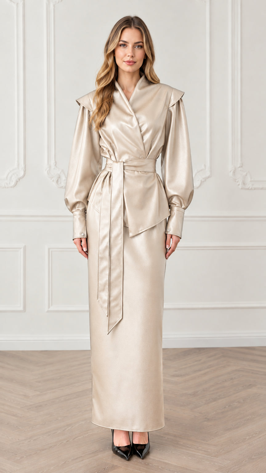 Model wearing champagne cream faux leather wrap top and maxi skirt set
