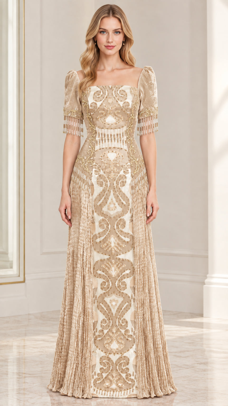 Champagne gold embroidered velvet formal gown with beaded fringe
