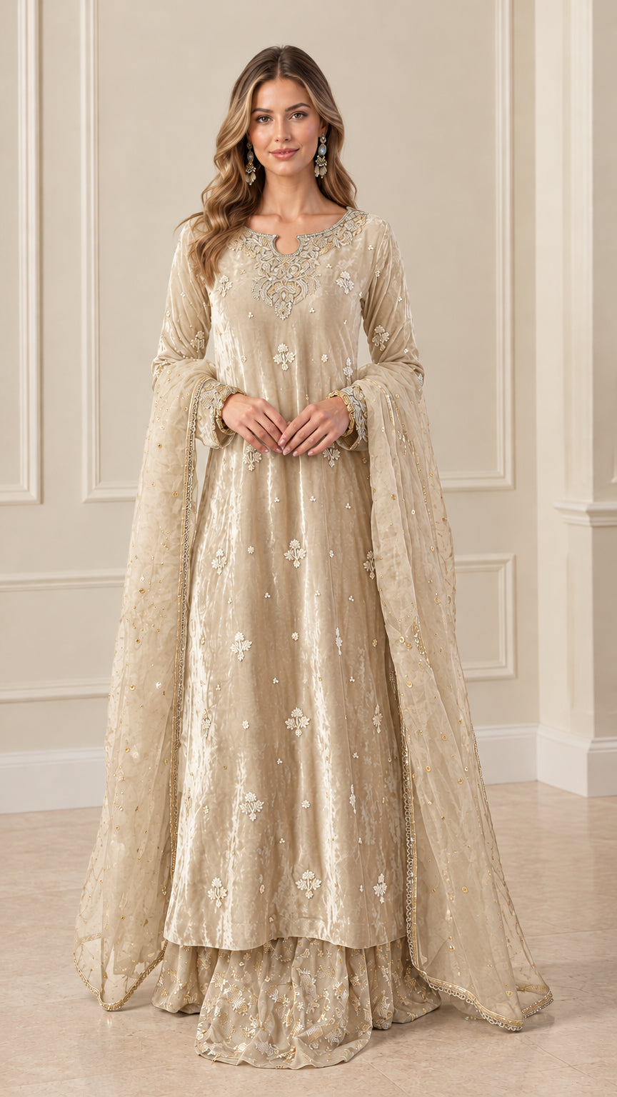 Front view of Champagne beige embroidered velvet formal ethnic suit