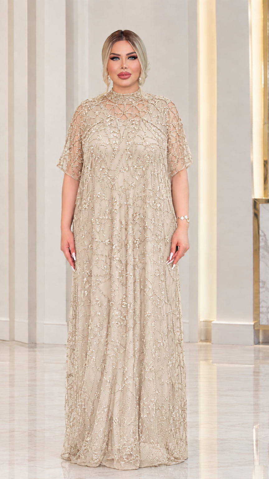 Champagne gold embellished beaded mesh floor length evening gown