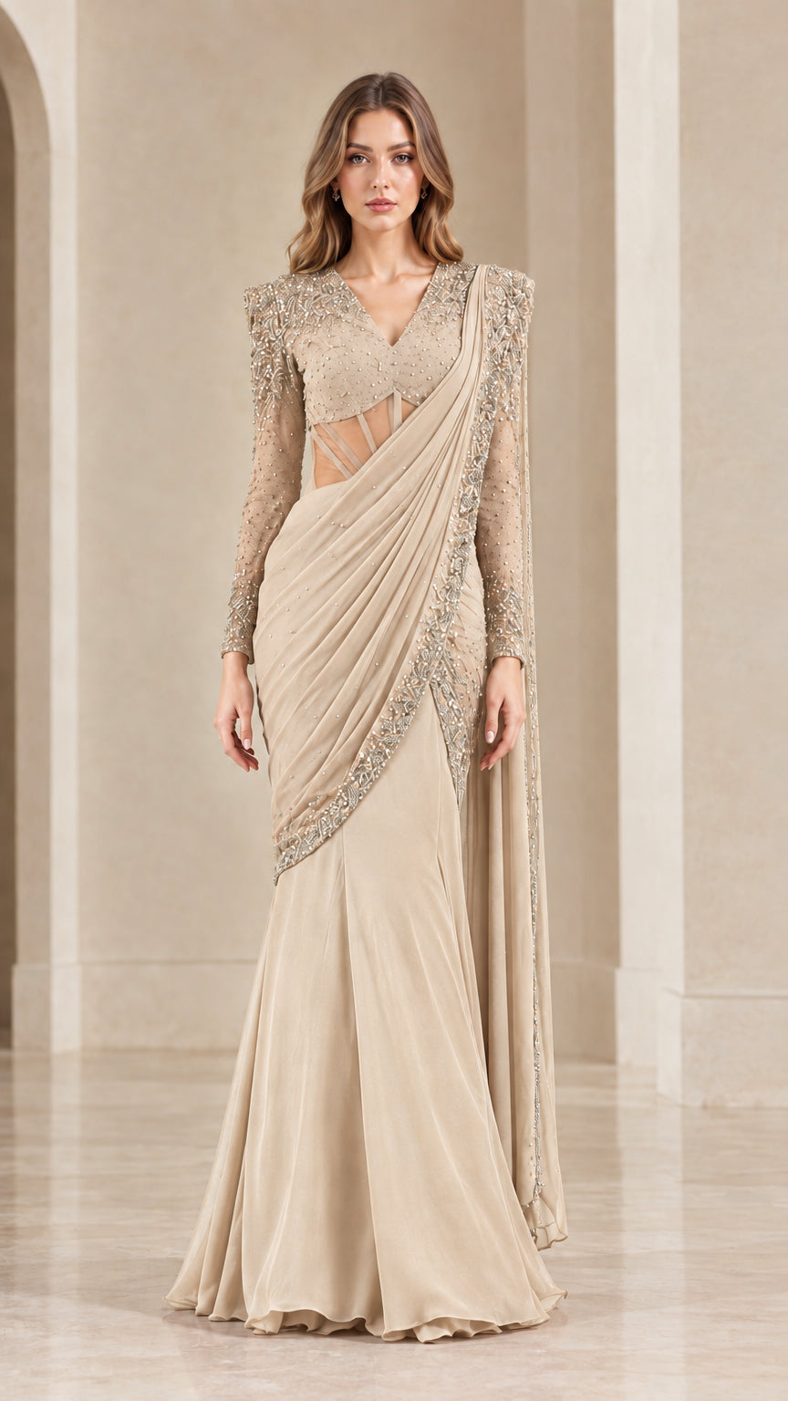 Model wearing champagne gold beaded formal drape gown with long sleeves