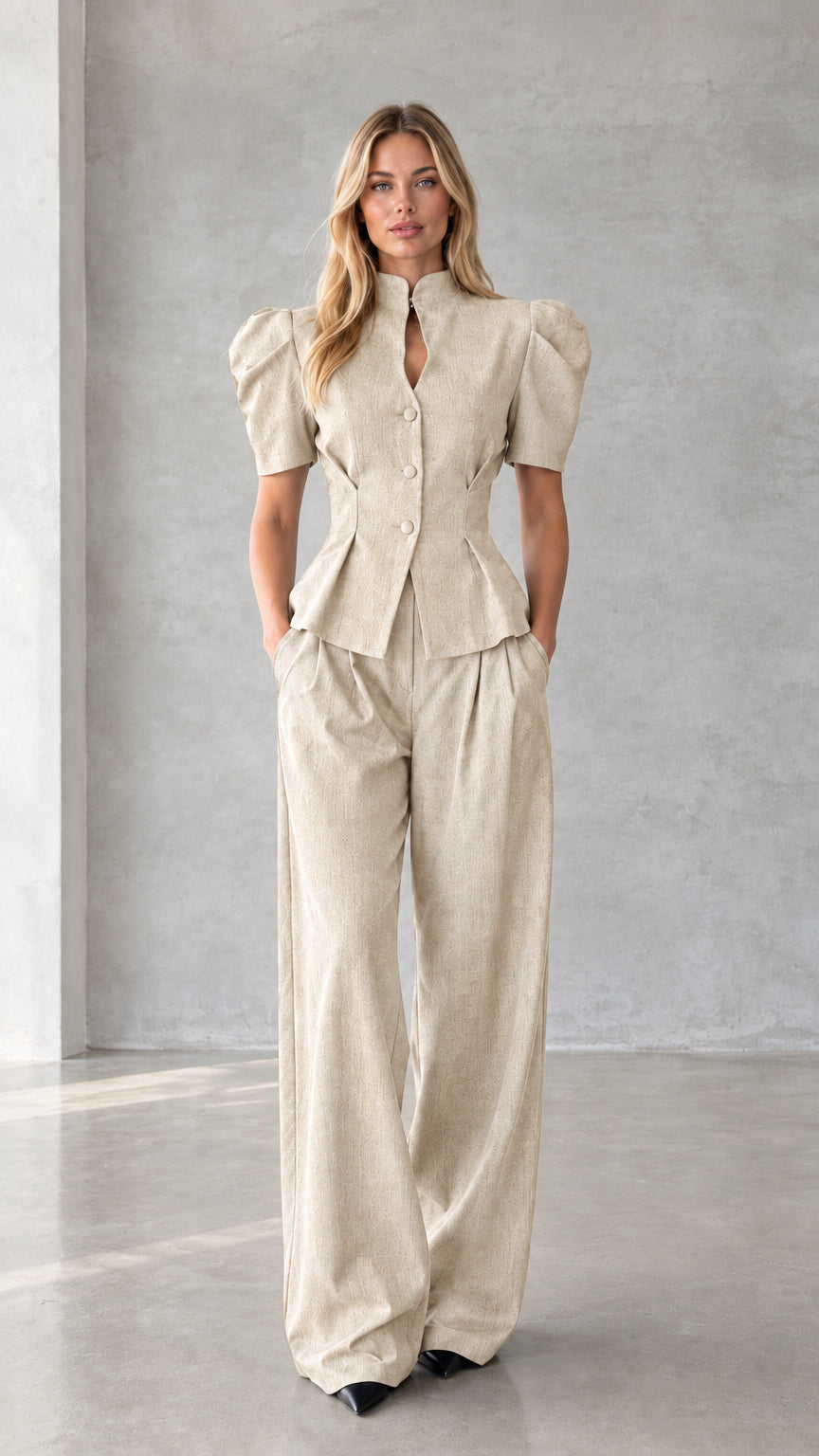 Beige sand short puff sleeve peplum top and pleated wide leg pant suit set