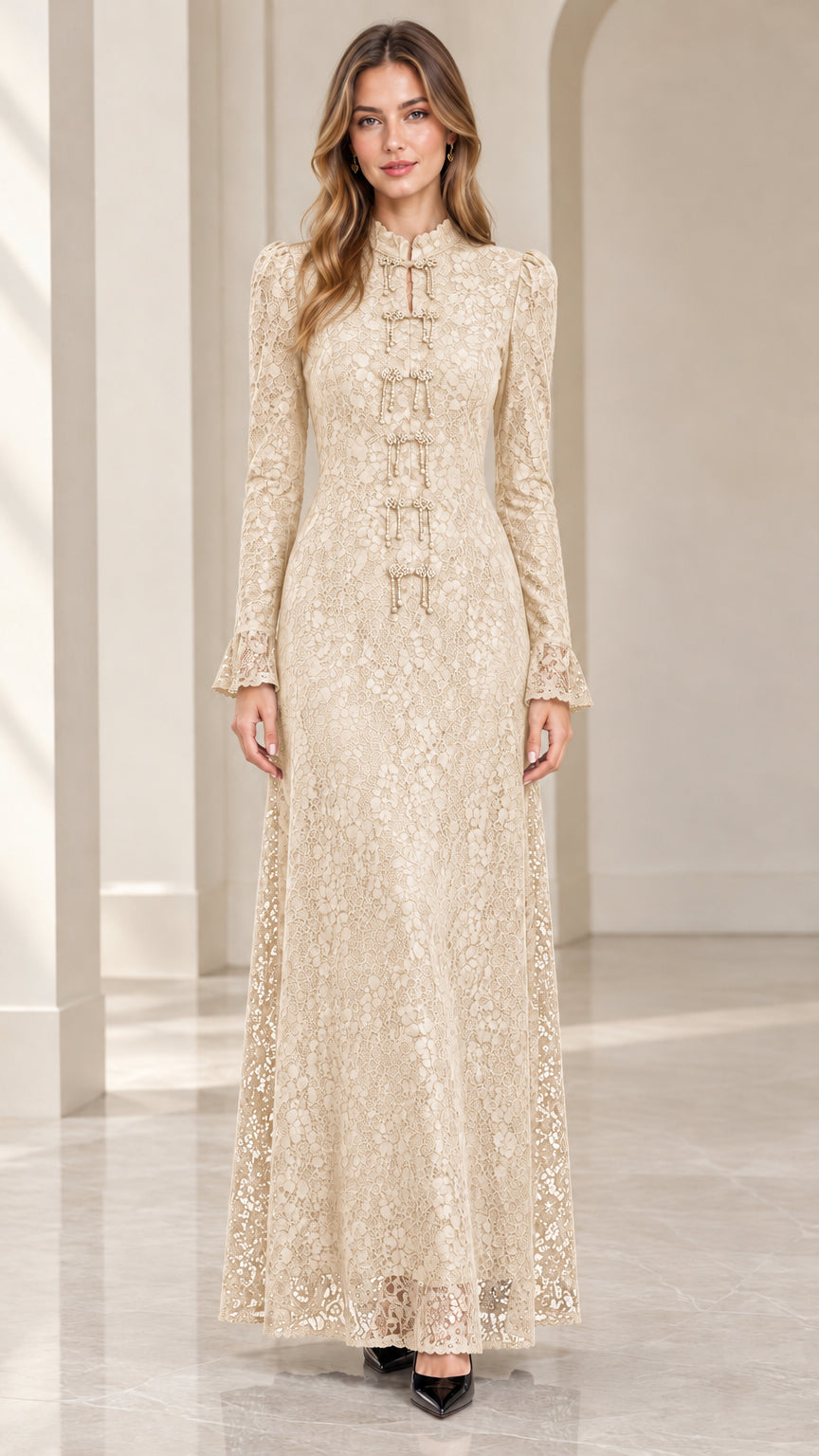 Full-length front view of Champagne cream lace formal maxi gown
