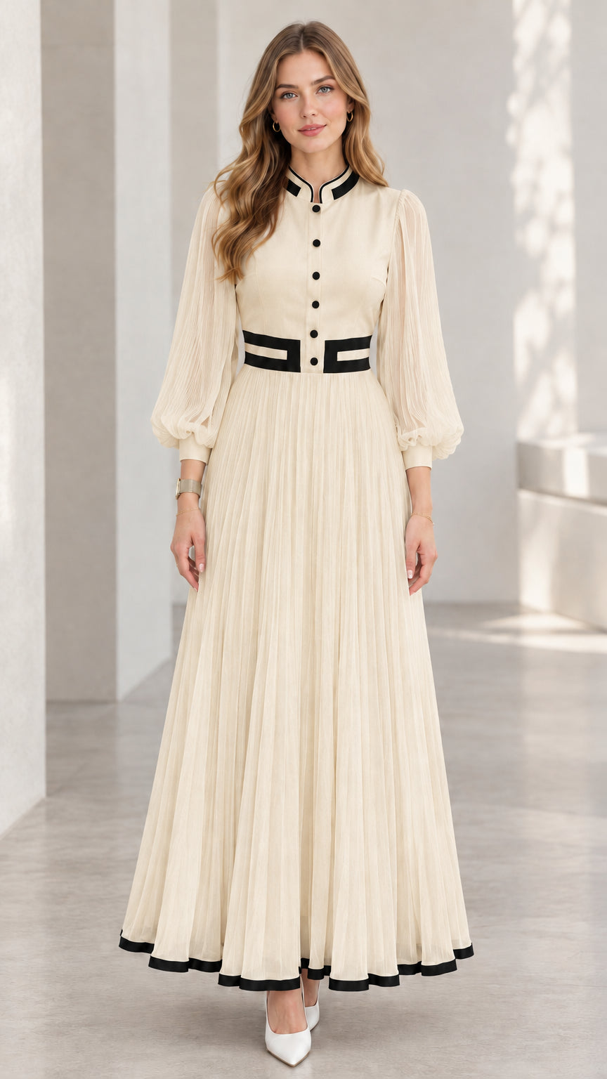 Champagne beige pleated lantern sleeve maxi dress with black contrast details