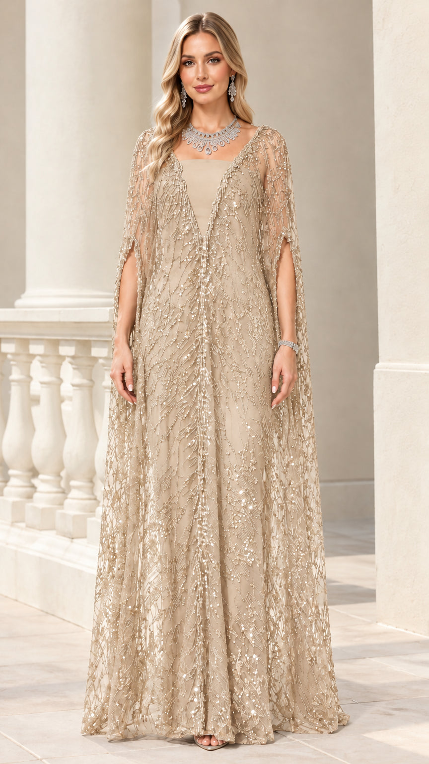 Champagne gold sequin cape evening gown