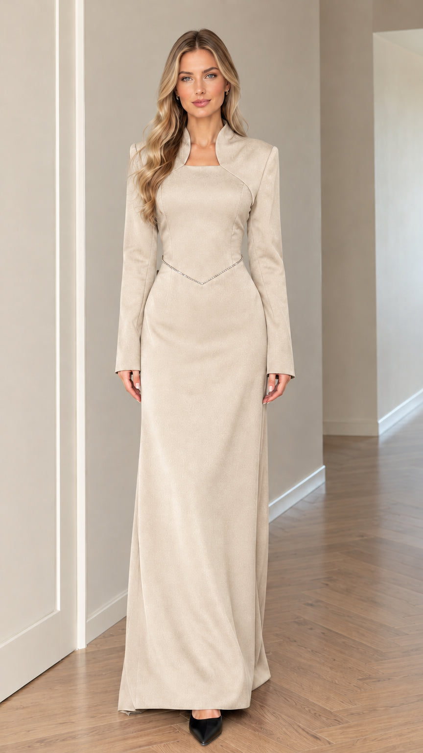 Front full-length view of model wearing Champagne long sleeve formal maxi dress