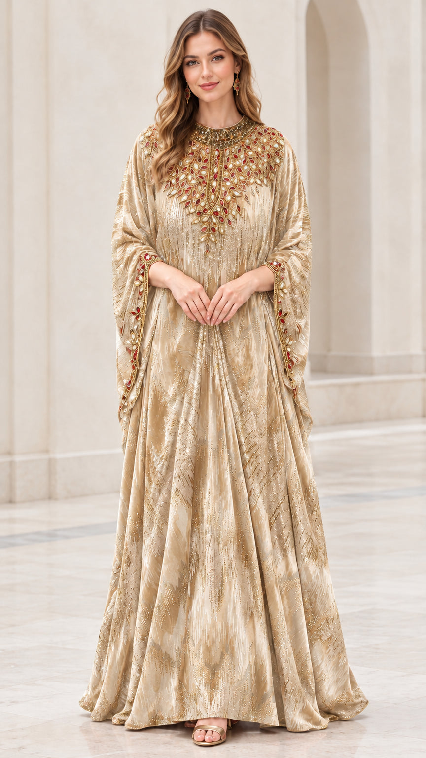 Model wearing Champagne gold embellished velvet maxi kaftan dress
