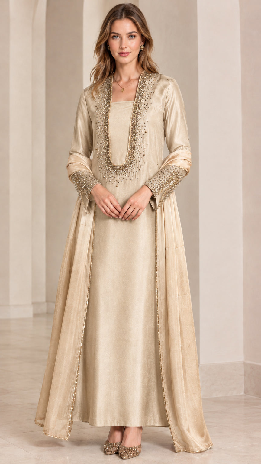 Champagne beige embellished maxi dress with matching lightweight scarf