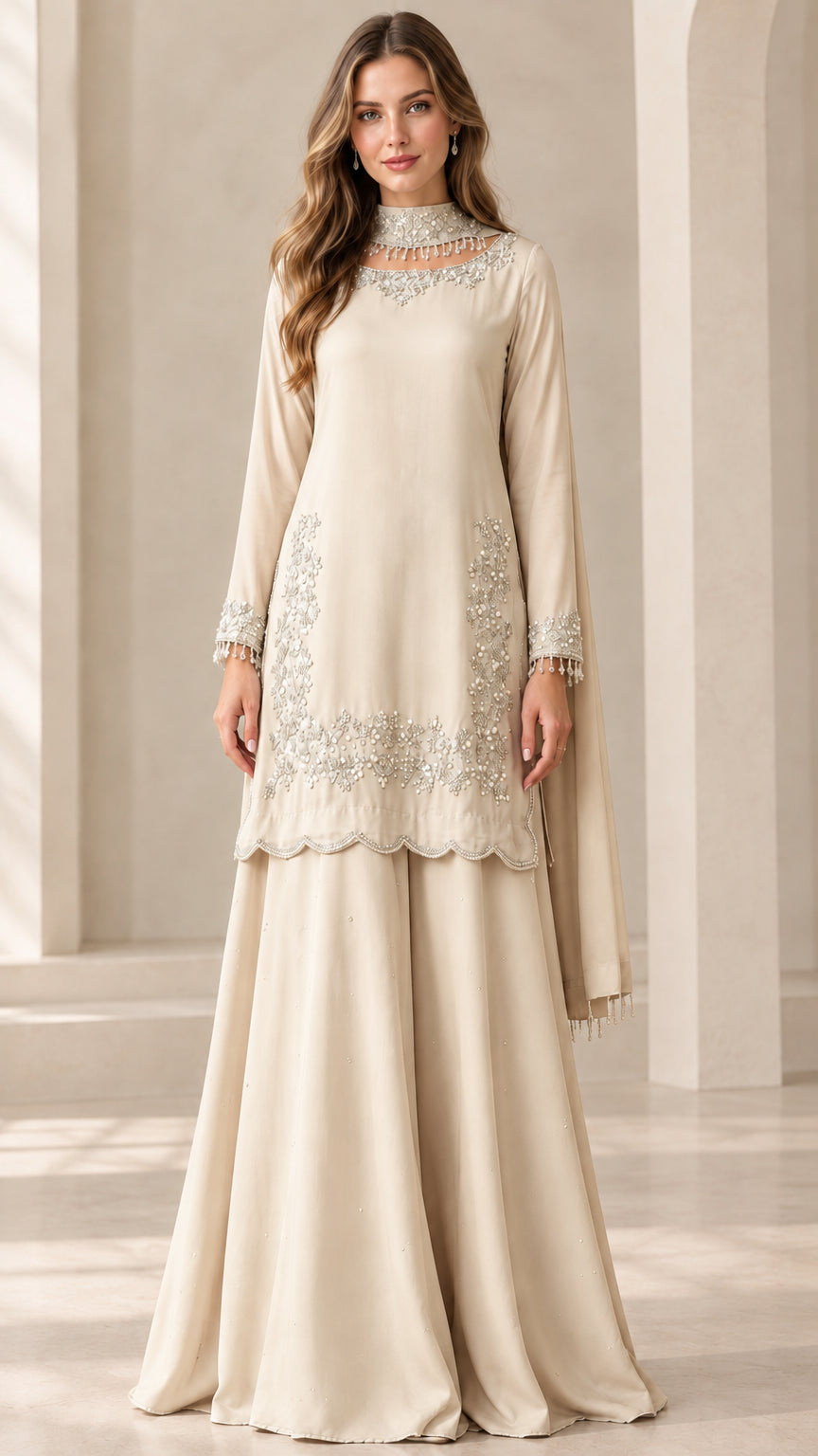 Full-length view of woman wearing Champagne beige embroidered sharara suit set