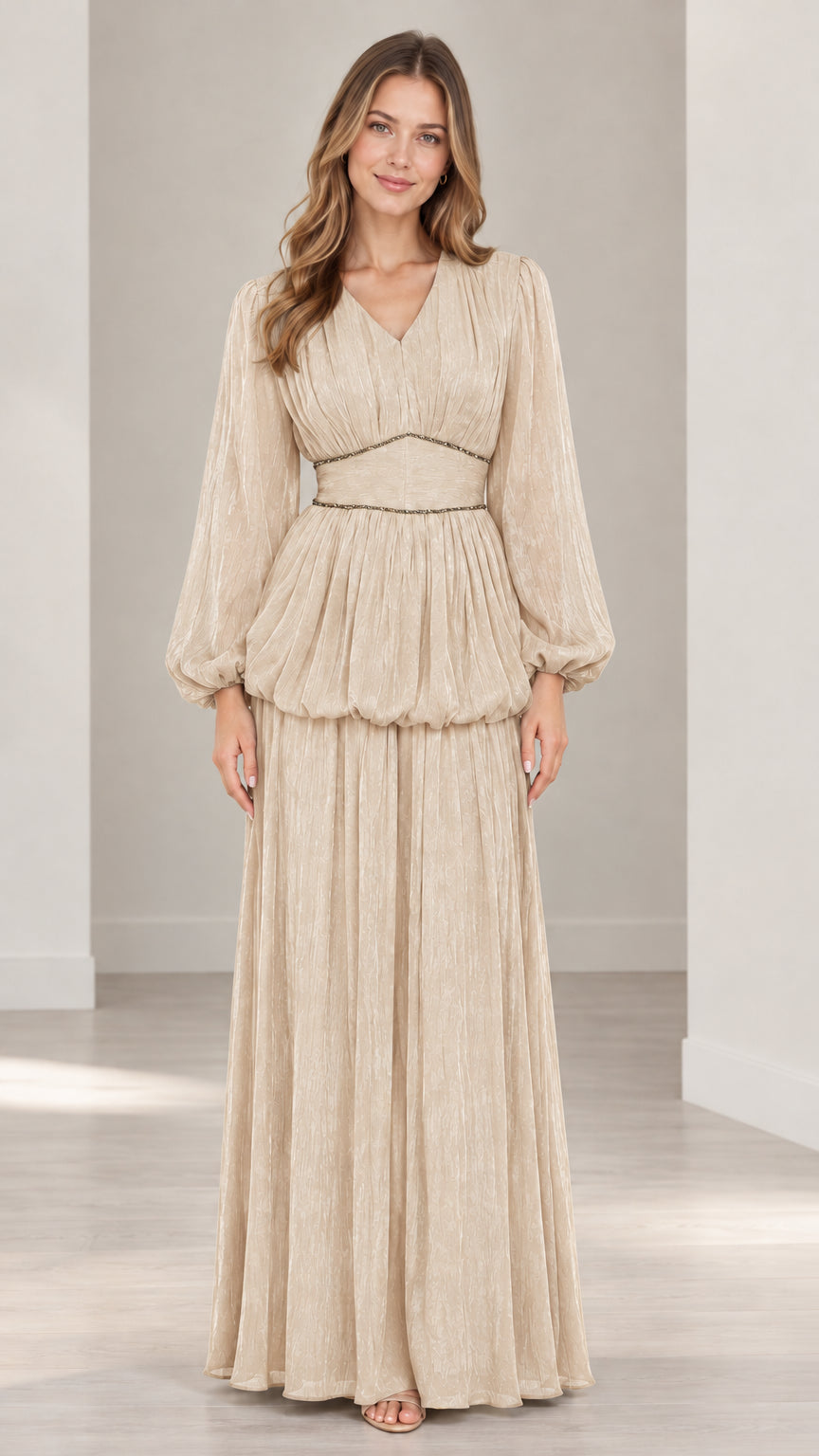 Front full view of champagne beige pleated long sleeve maxi dress