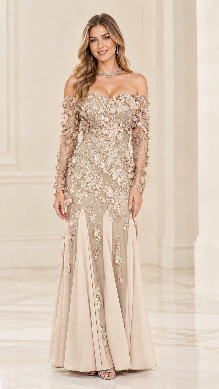 Front view of champagne beige off-the-shoulder 3D floral long sleeve evening gown