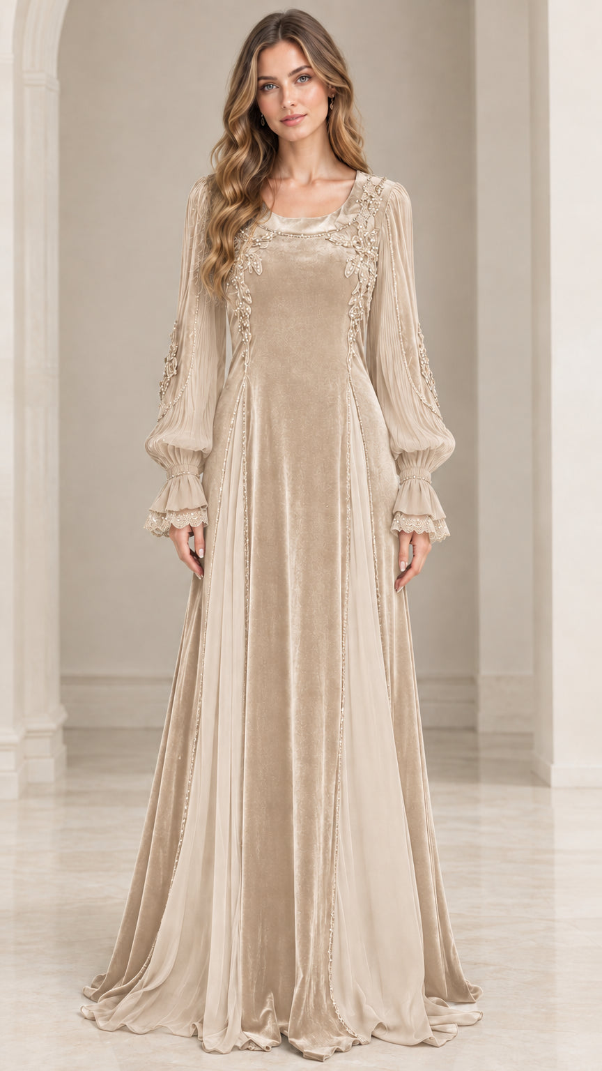 Front view of champagne beige velvet evening gown with beaded neckline