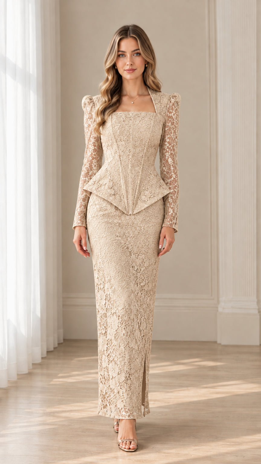 Model wearing champagne beige floral lace corset peplum top and maxi skirt set
