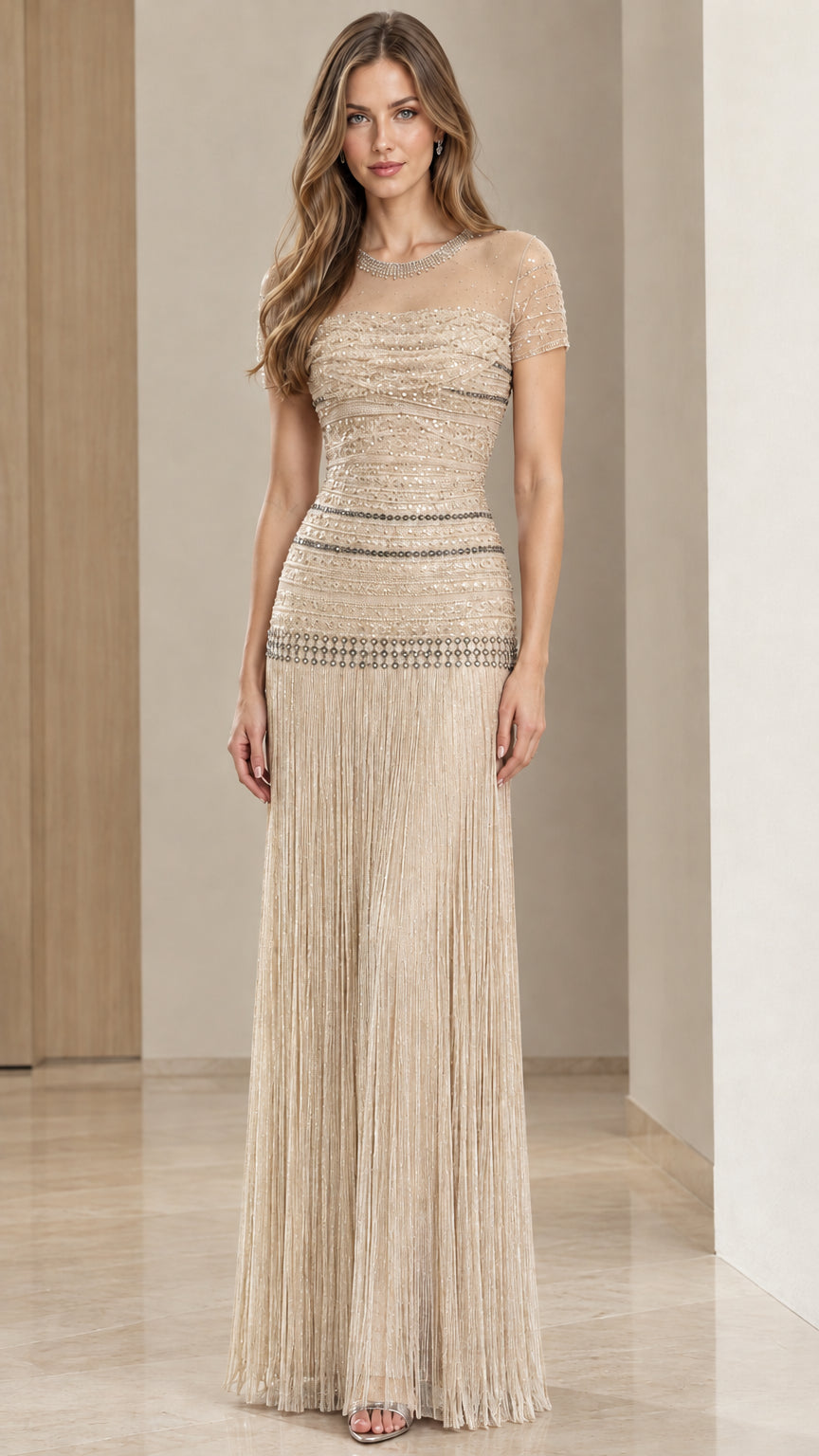 Champagne gold sequined floor-length formal dress with fringe skirt