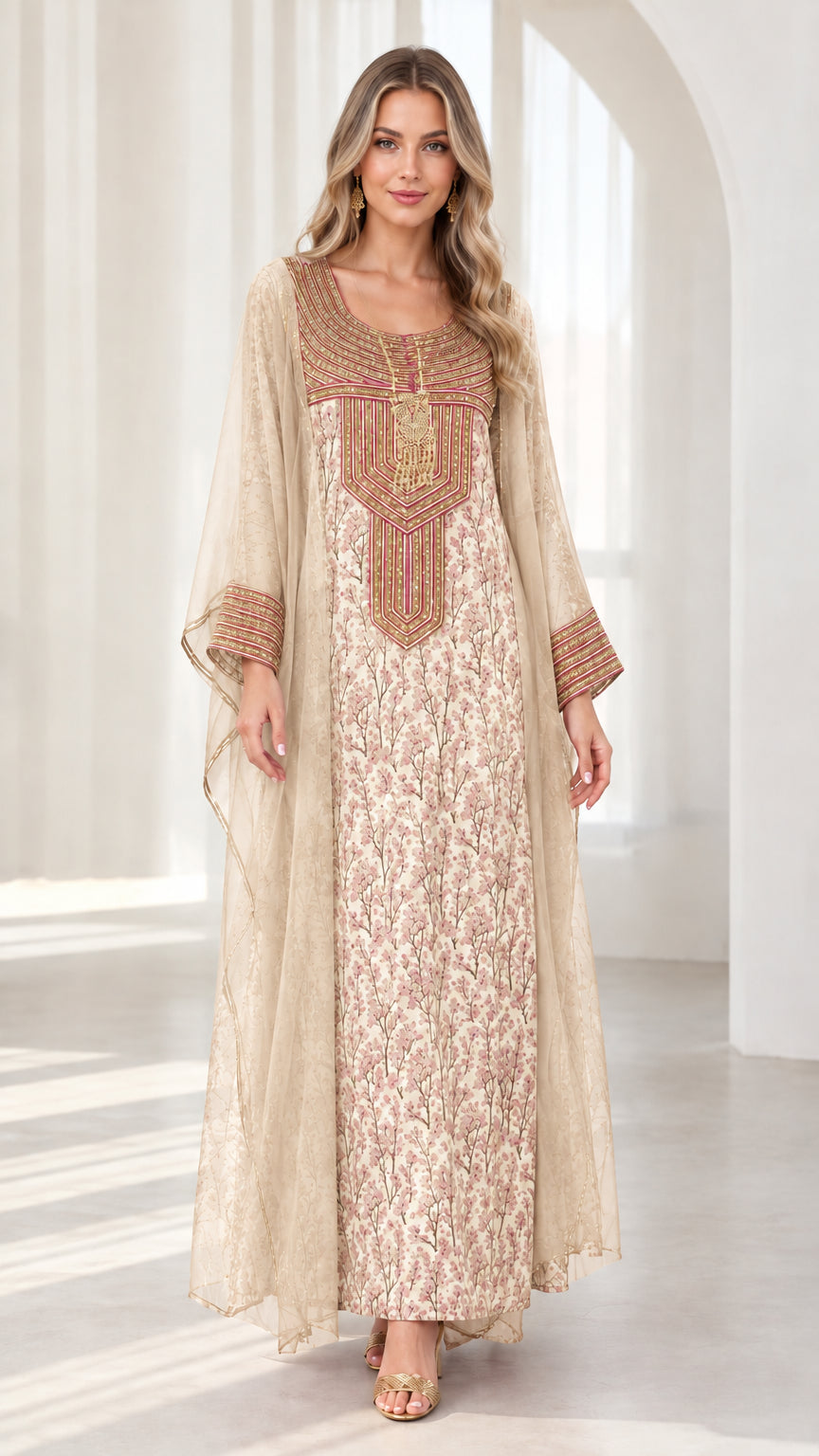 Champagne beige embroidered cape maxi kaftan dress front view