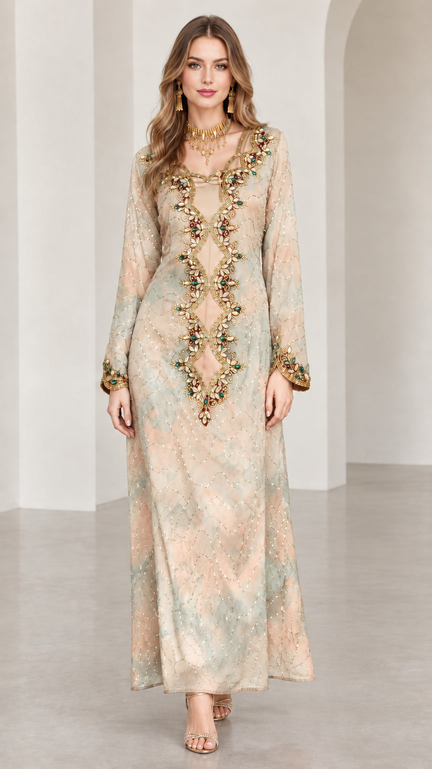 Model wearing Champagne neutral tie-dye embellished kaftan maxi dress