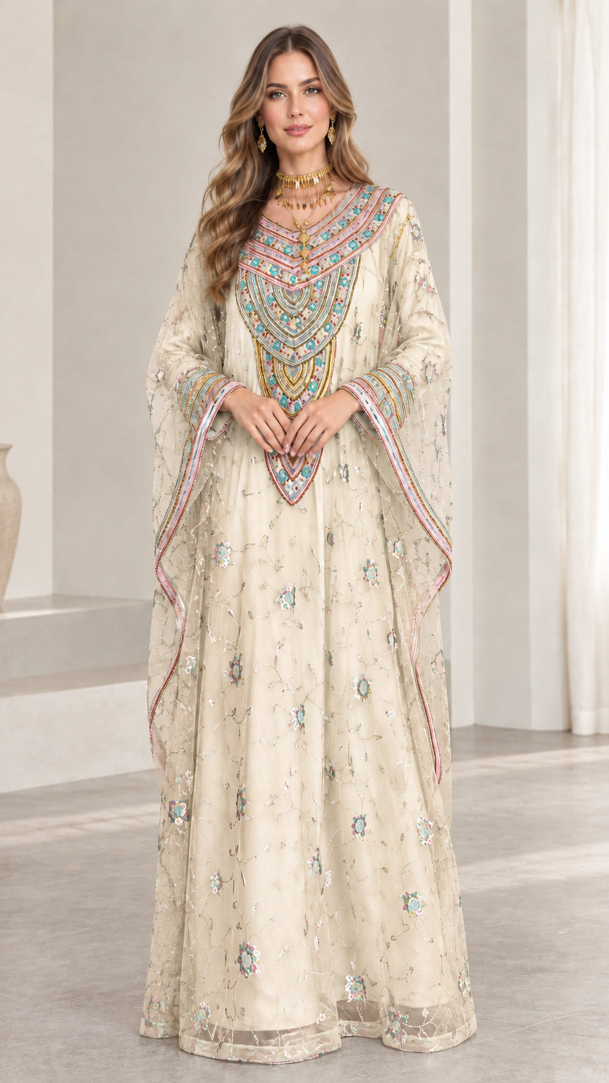 Front full-length view of woman wearing champagne cream embroidered kaftan maxi dress