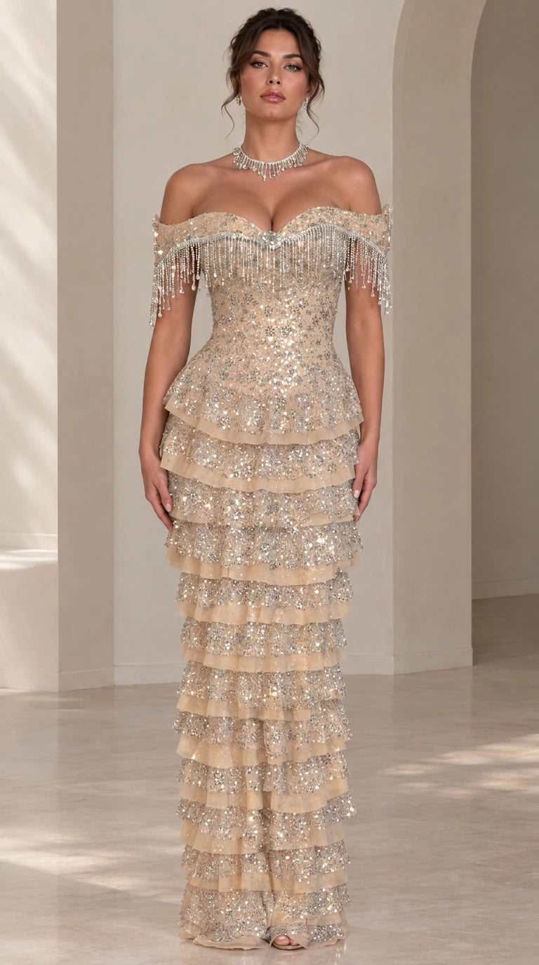Champagne off-the-shoulder tiered sequin maxi evening gown