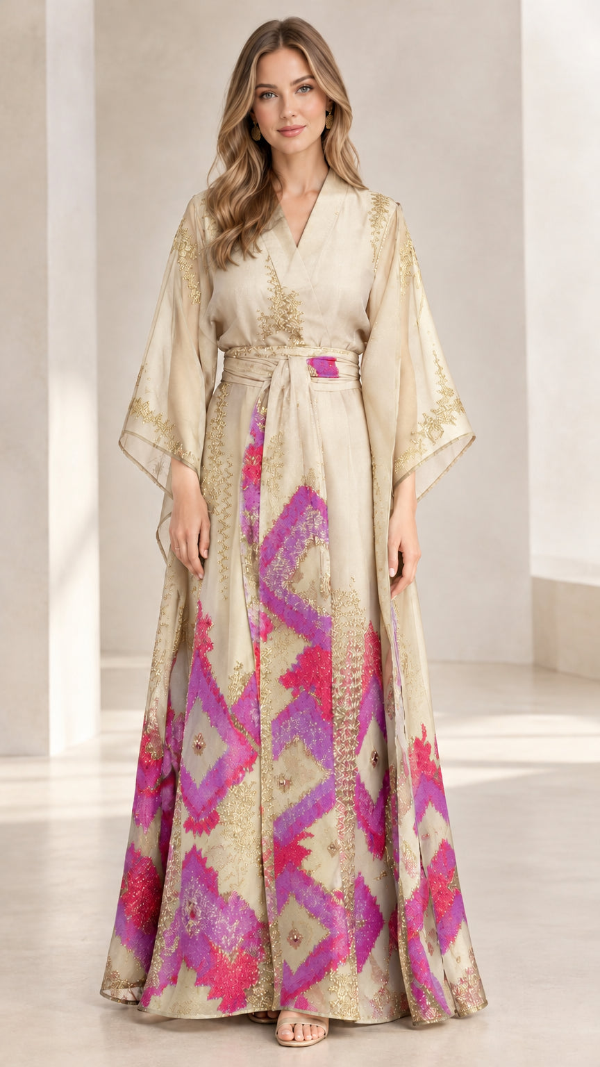 Champagne beige kimono maxi gown with metallic detailing and belted waist