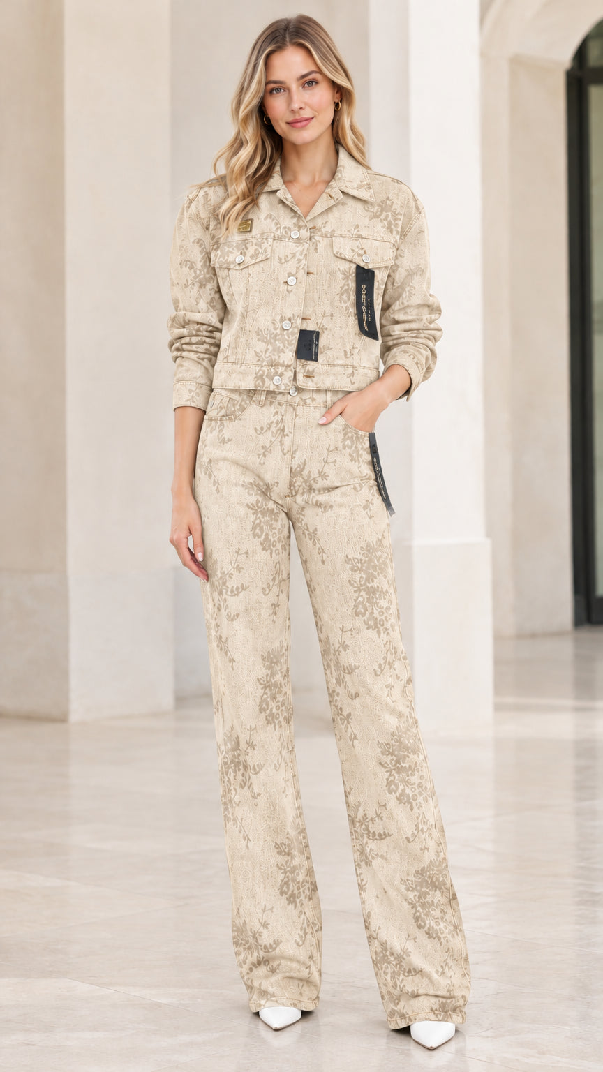 Model wearing beige khaki floral embossed denim cropped jacket and pants set