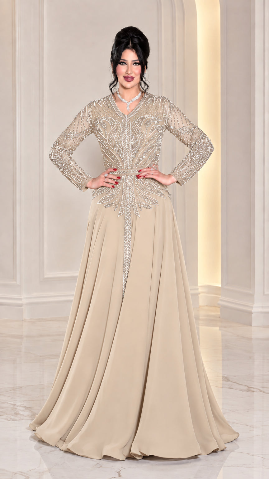 Champagne beige long sleeve rhinestone embellished formal dress