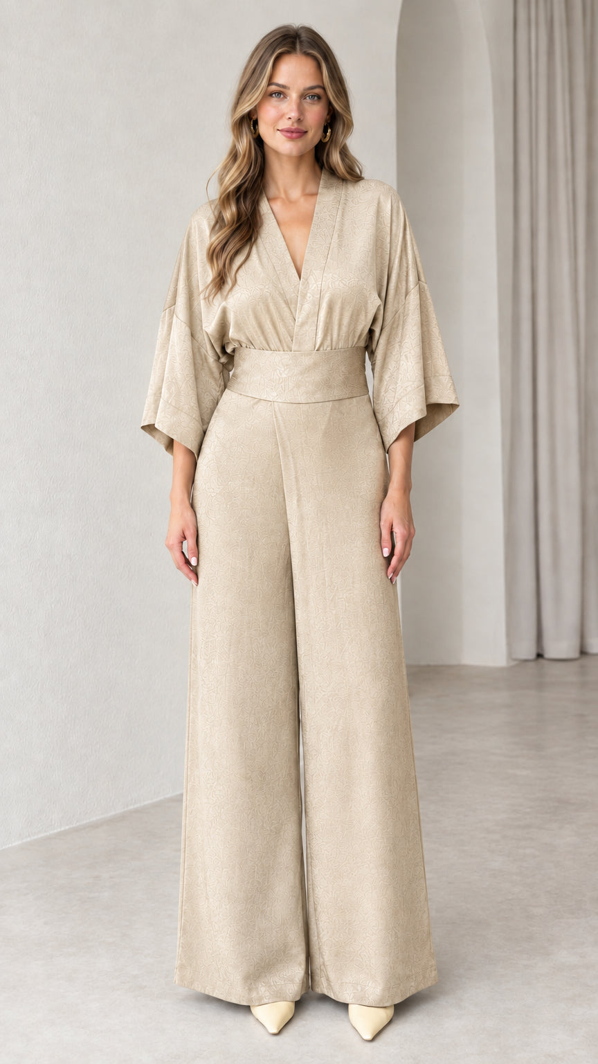Front view of model wearing Champagne Beige kimono sleeve wide leg jumpsuit
