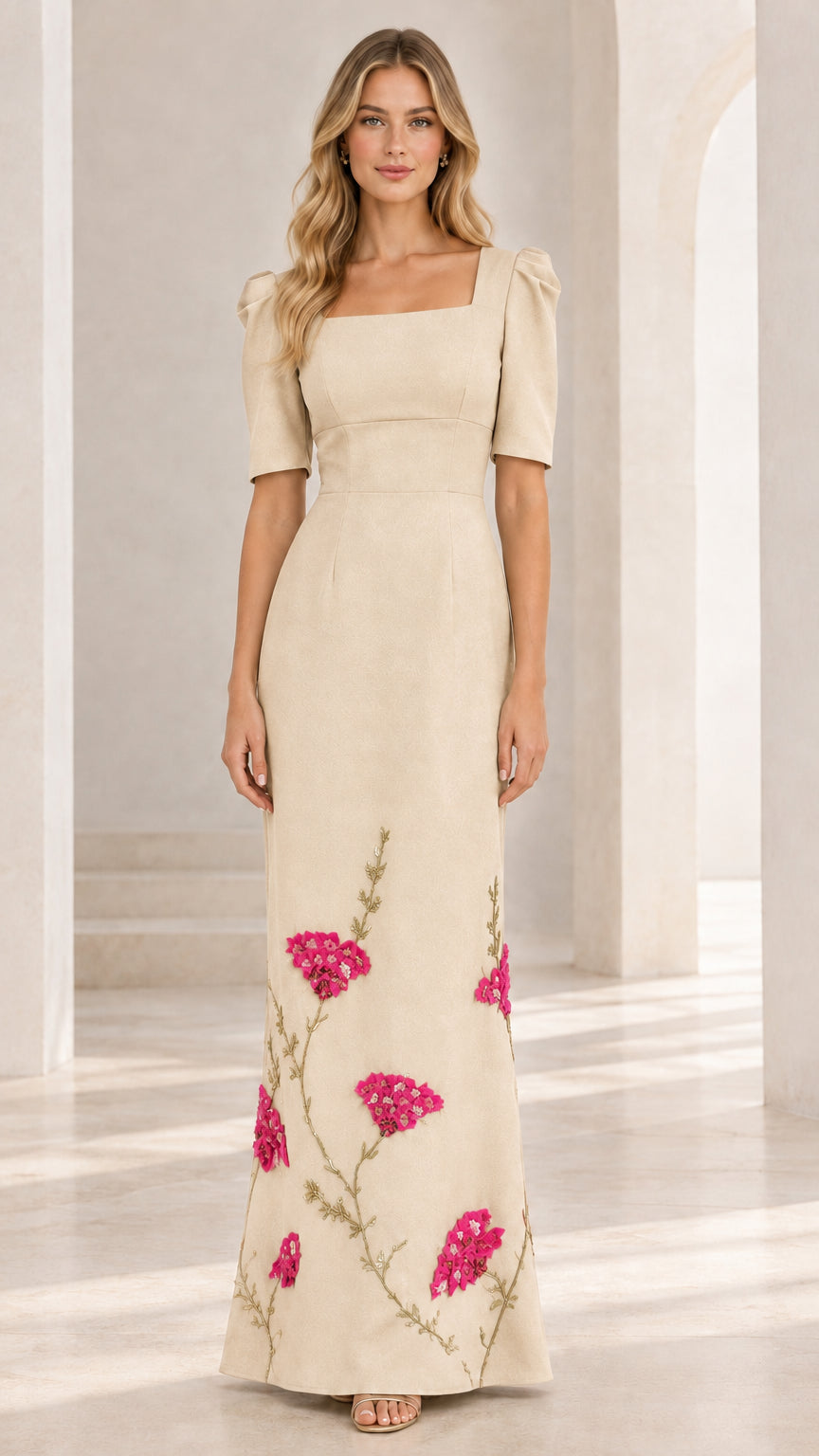 Full-length front view of champagne beige maxi dress with floral embroidery on hem