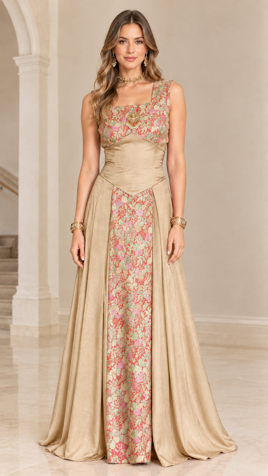 Model wearing champagne gold floral brocade corset maxi dress