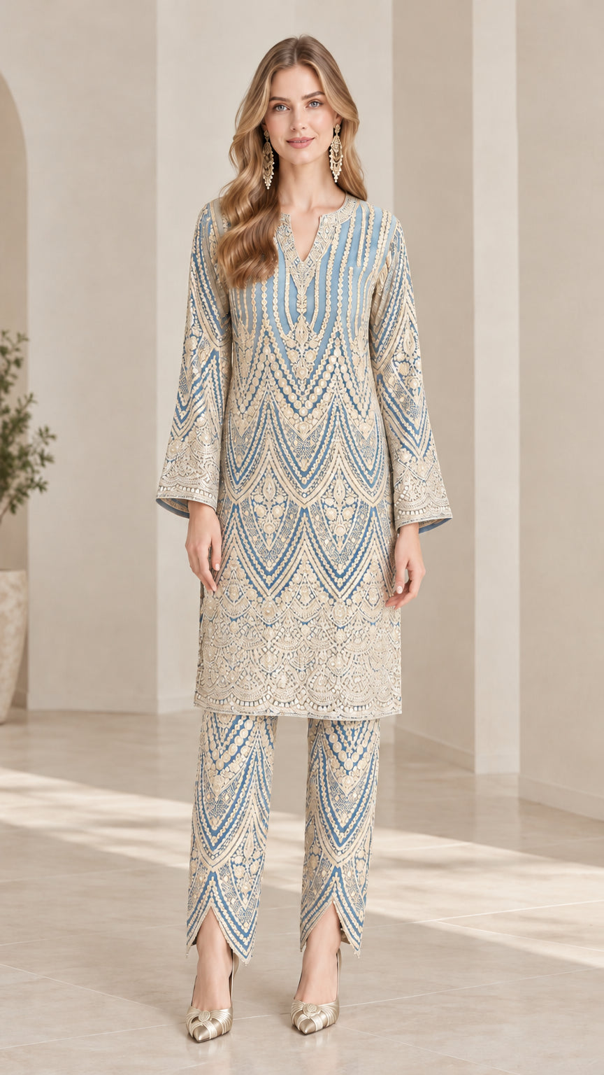Full front view of model wearing light blue embroidered tunic top and matching pants set