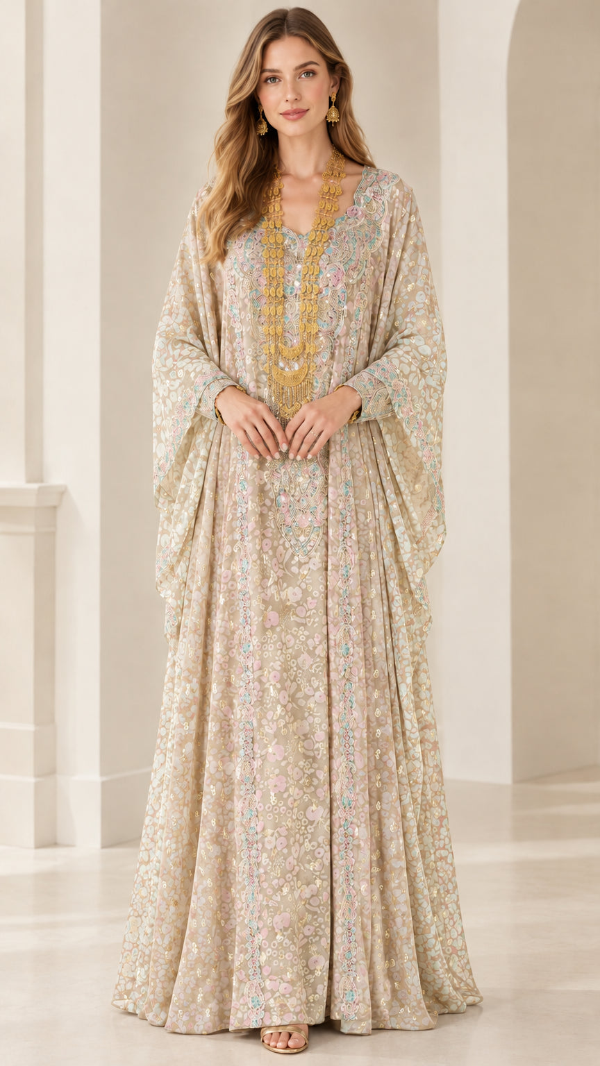 Full-length view of woman wearing Champagne beige printed embellished kaftan dress