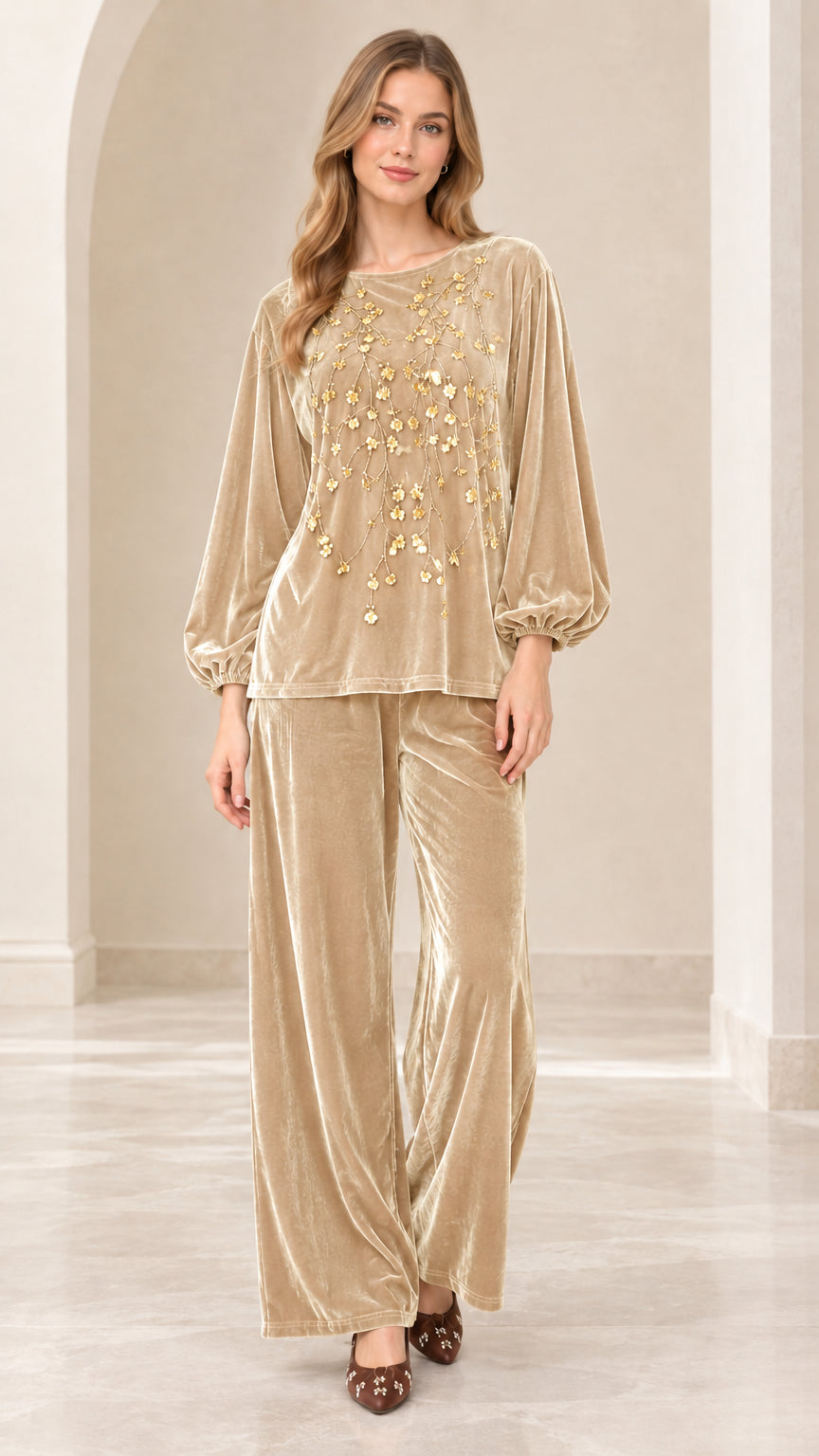 Front view of women's champagne beige velvet two-piece set with floral sequins