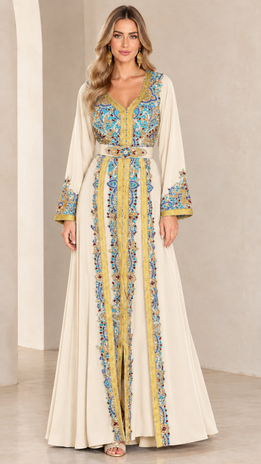 Full front view of champagne cream embroidered Moroccan kaftan evening dress
