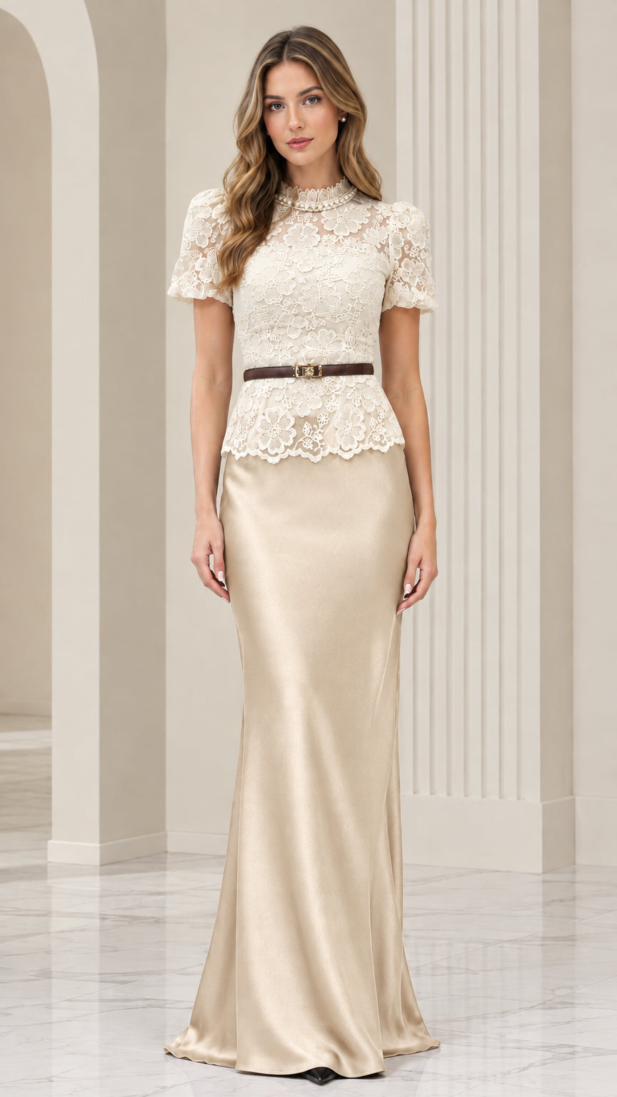 Front view of model wearing champagne cream lace mock neck belted satin evening gown