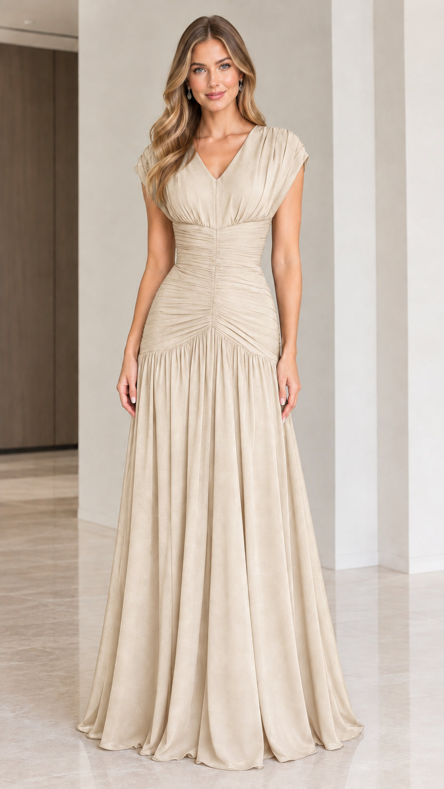 Model wearing Champagne beige floor-length ruched formal gown