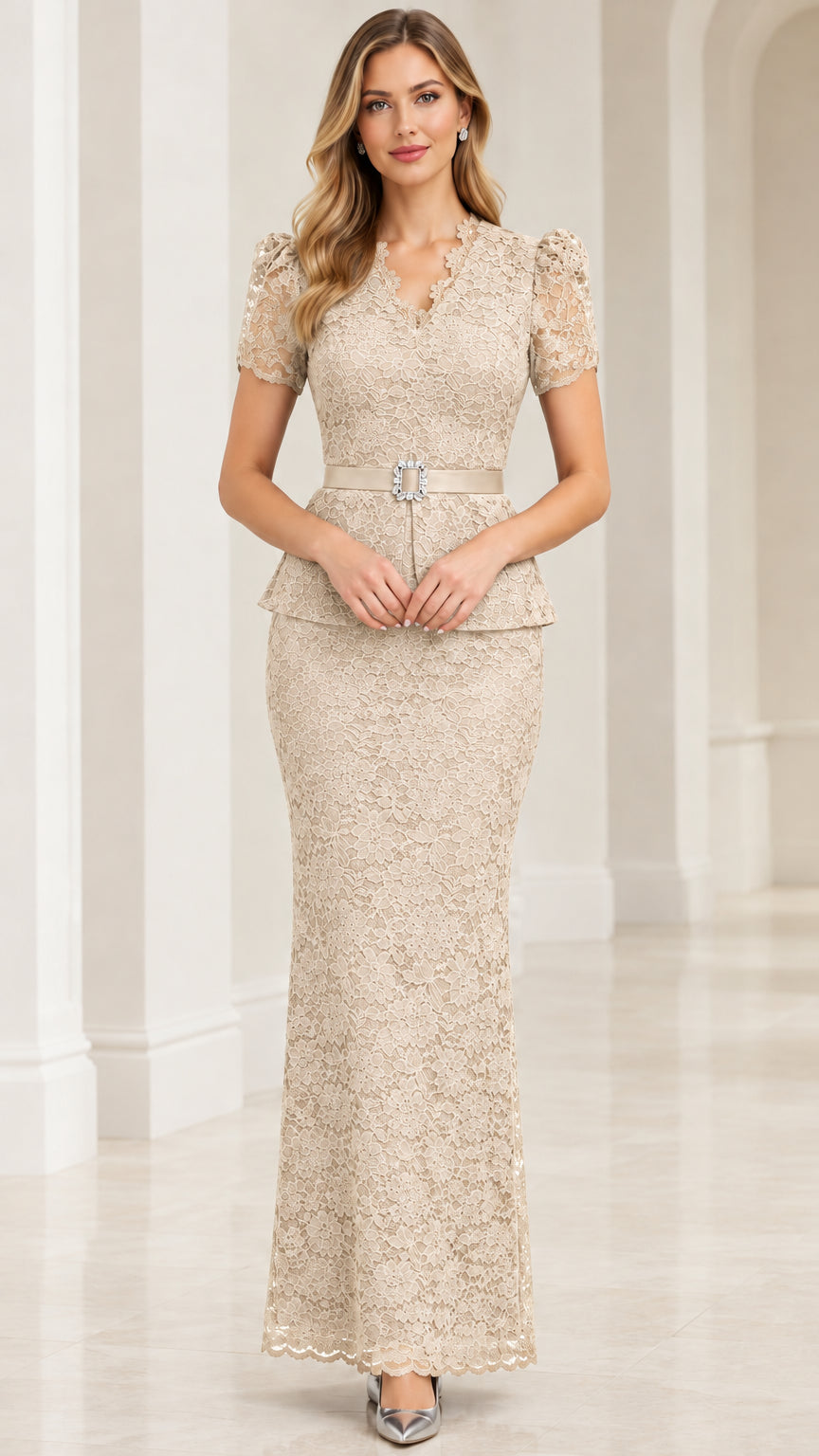 Model wearing champagne gold lace peplum maxi dress with belt