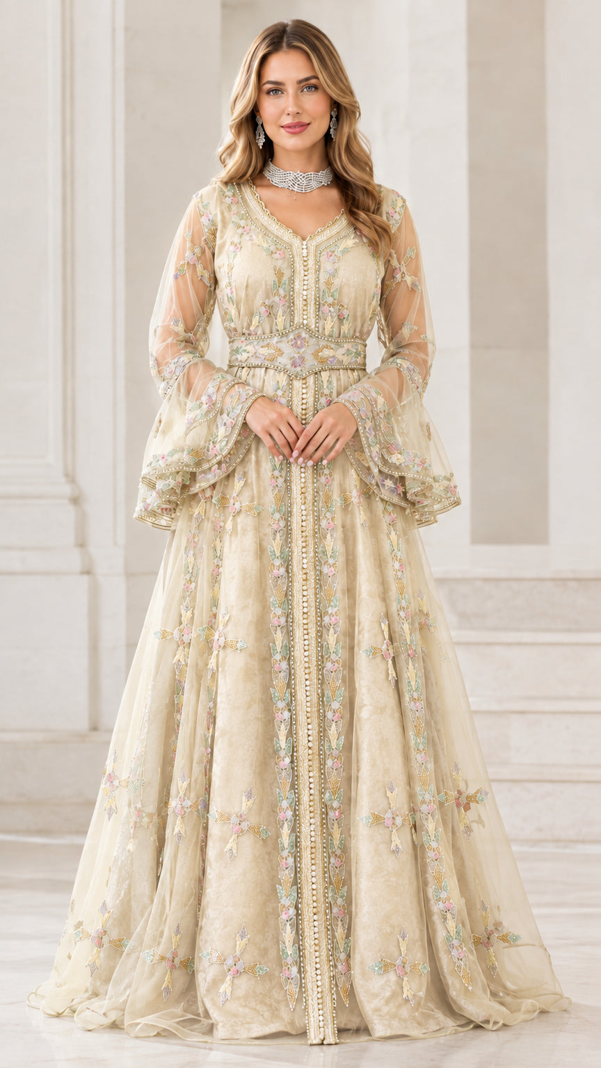 Champagne gold embroidered Moroccan kaftan maxi dress