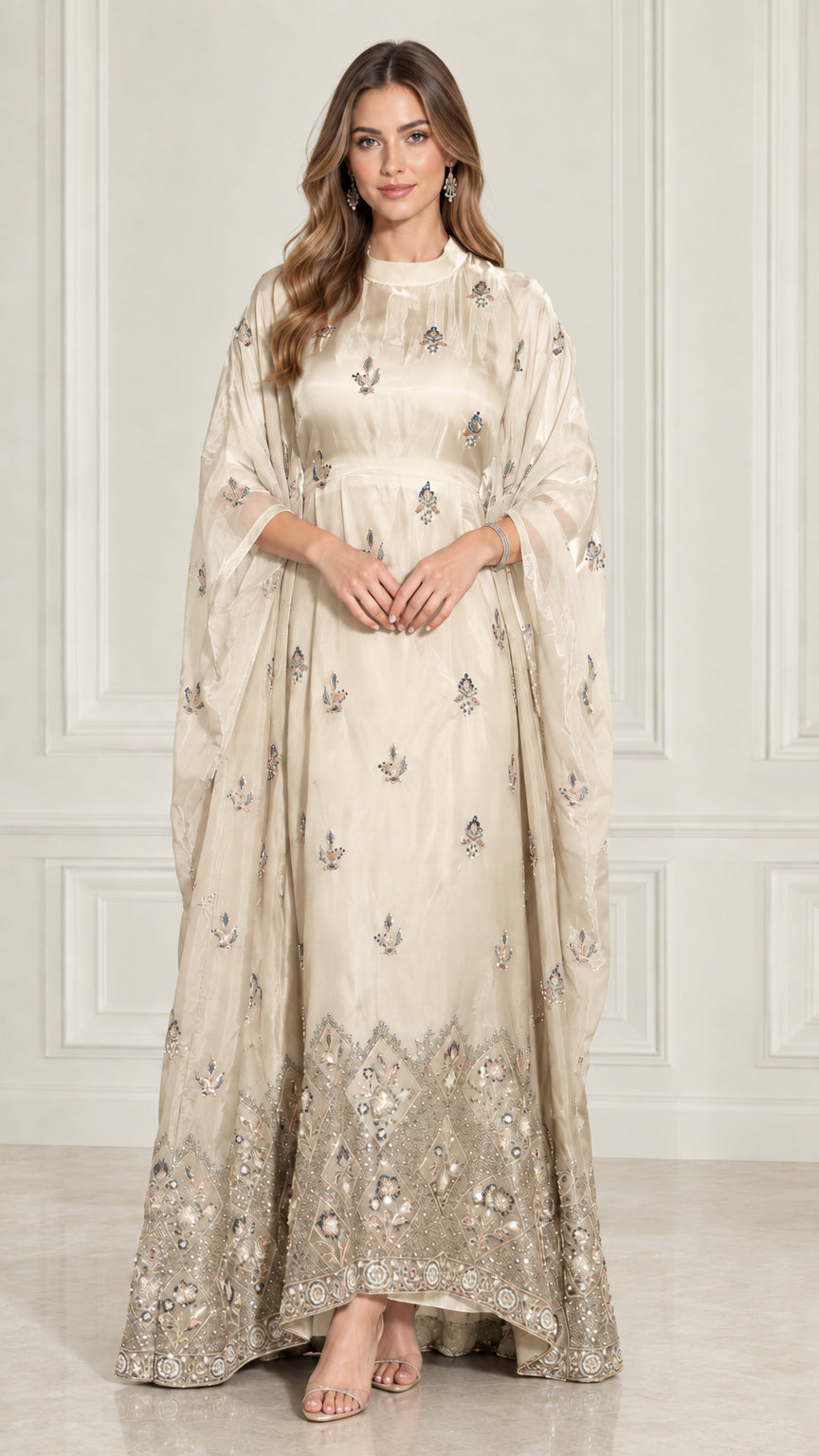 Champagne gold embroidered formal cape sleeve maxi kaftan dress