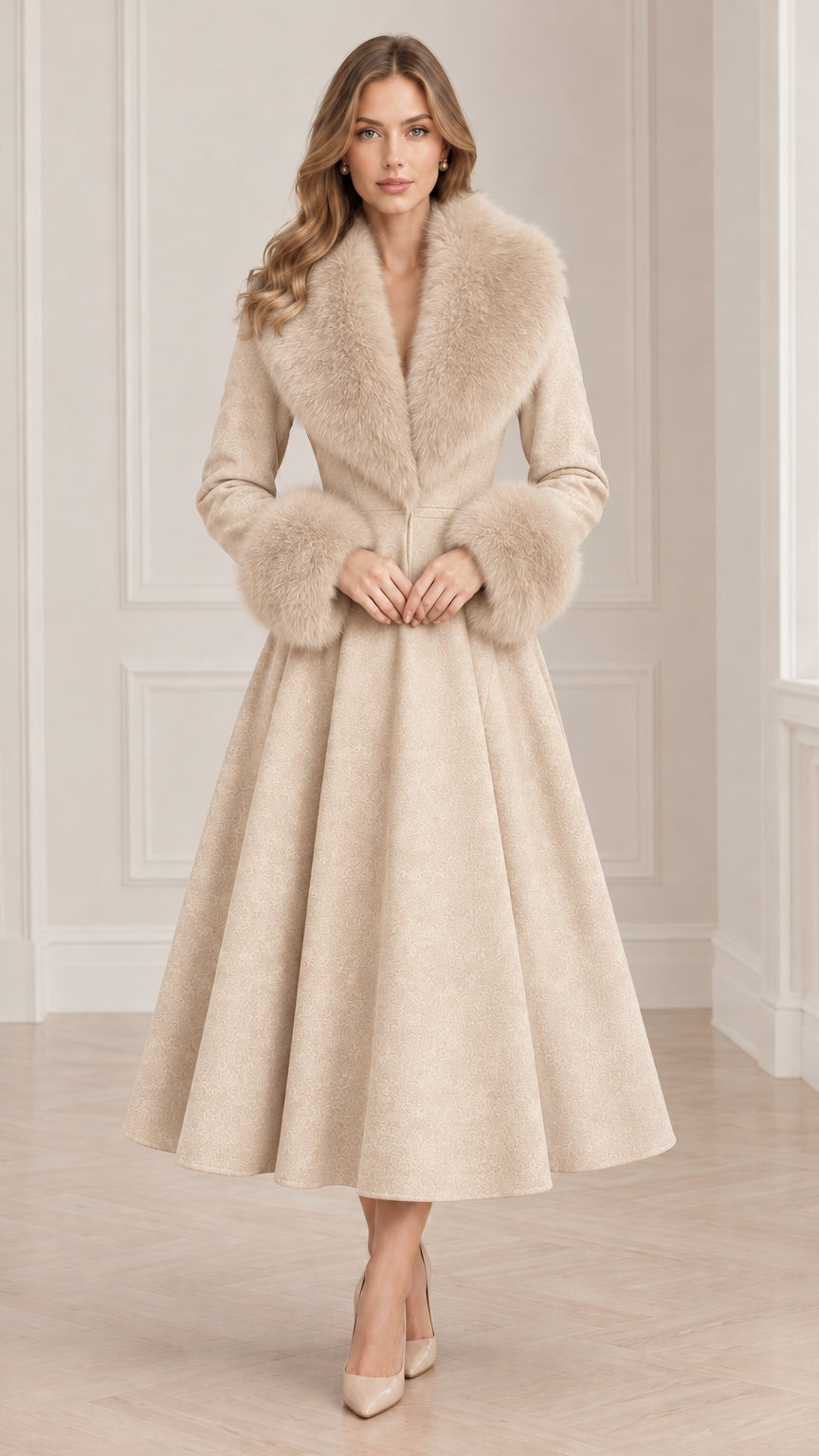 Model wearing Beige elegant fit and flare winter swing coat with plush cream faux fur trim