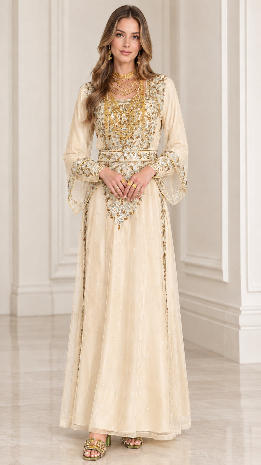 Champagne beige gold-embroidered formal kaftan dress