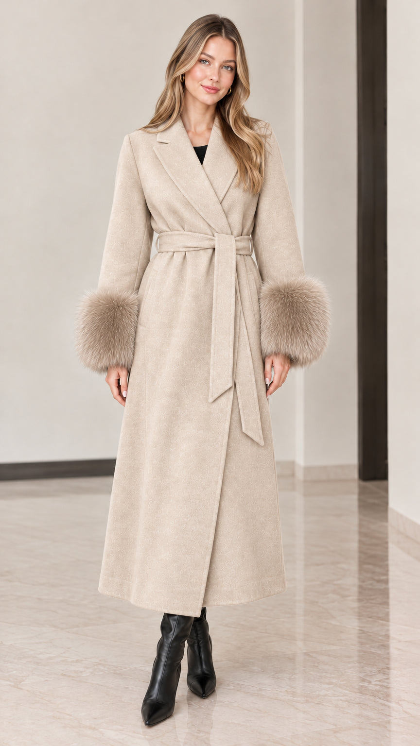 Front view of model wearing beige cream full-length wrap coat with tonal fur cuffs