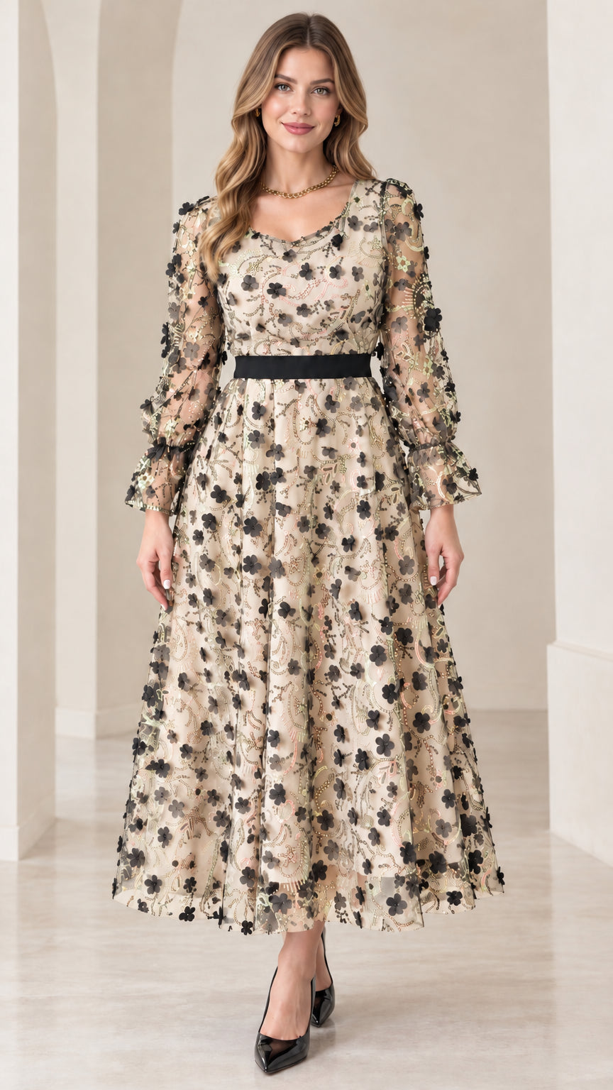 Front view of champagne beige 3D floral sequin long sleeve midi dress