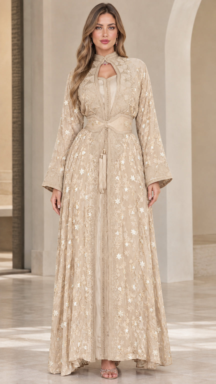 Front full-length view of model wearing Champagne Beige embroidered maxi dress