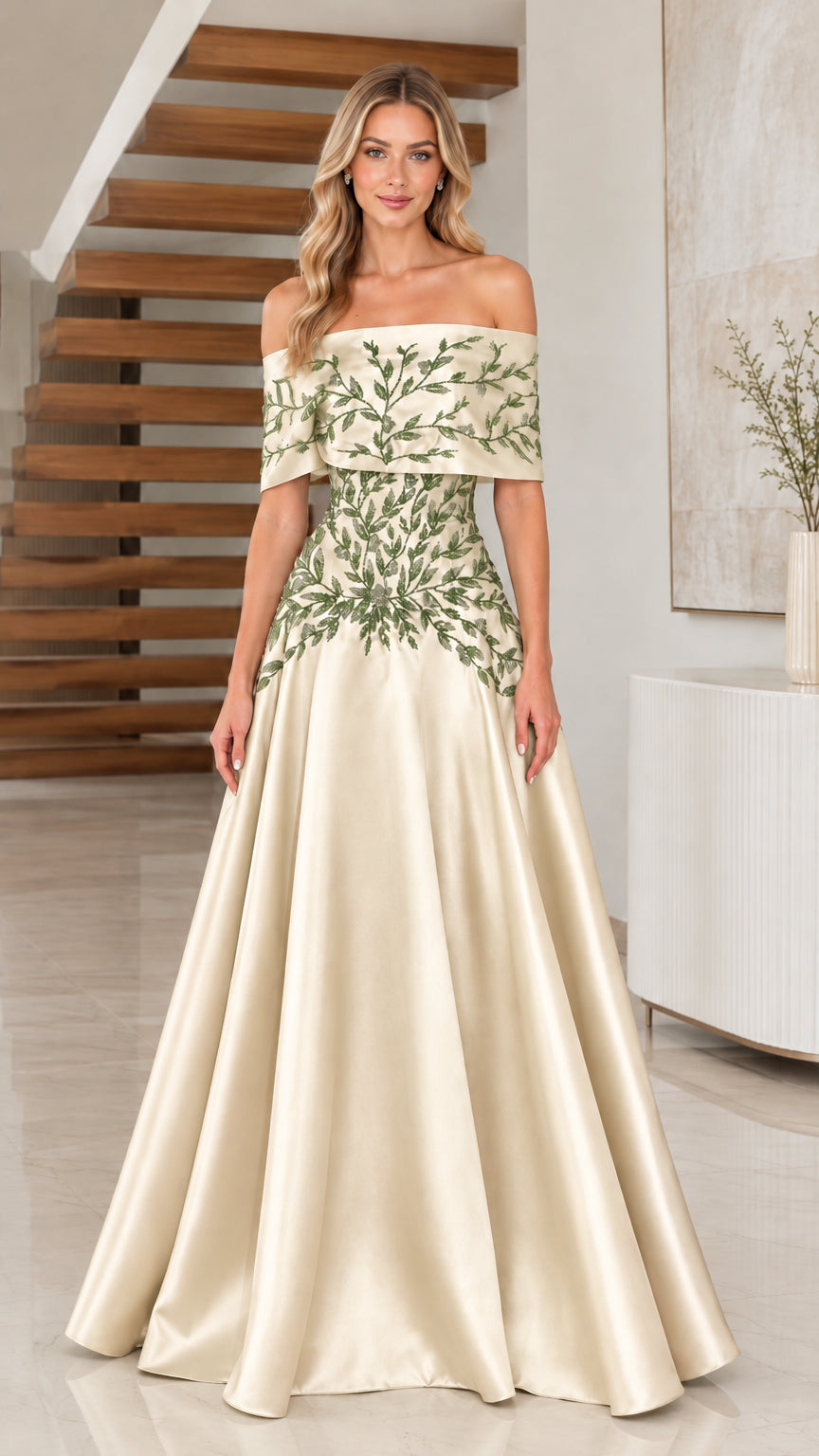 Champagne off-the-shoulder embroidered satin evening gown