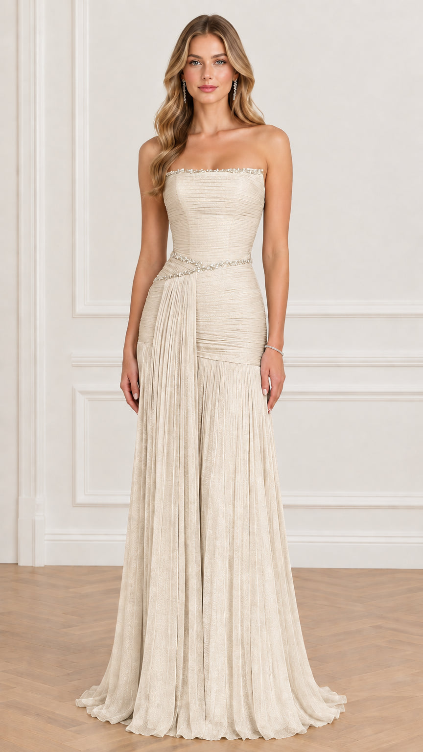 Front view of champagne strapless pleated formal evening dress