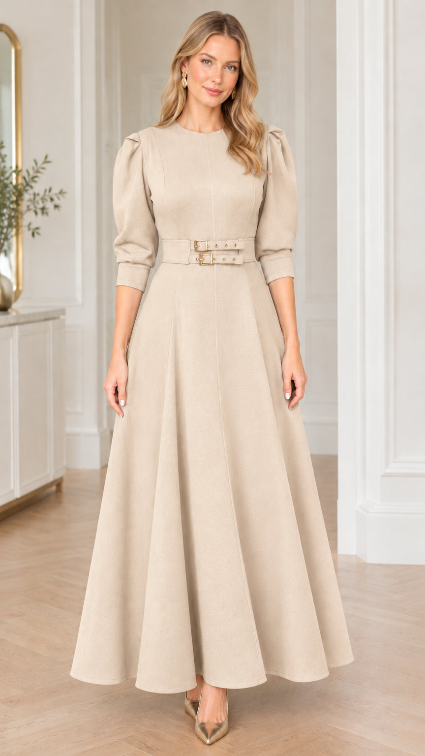 Model wearing light beige cream puff sleeve double buckle belted maxi dress