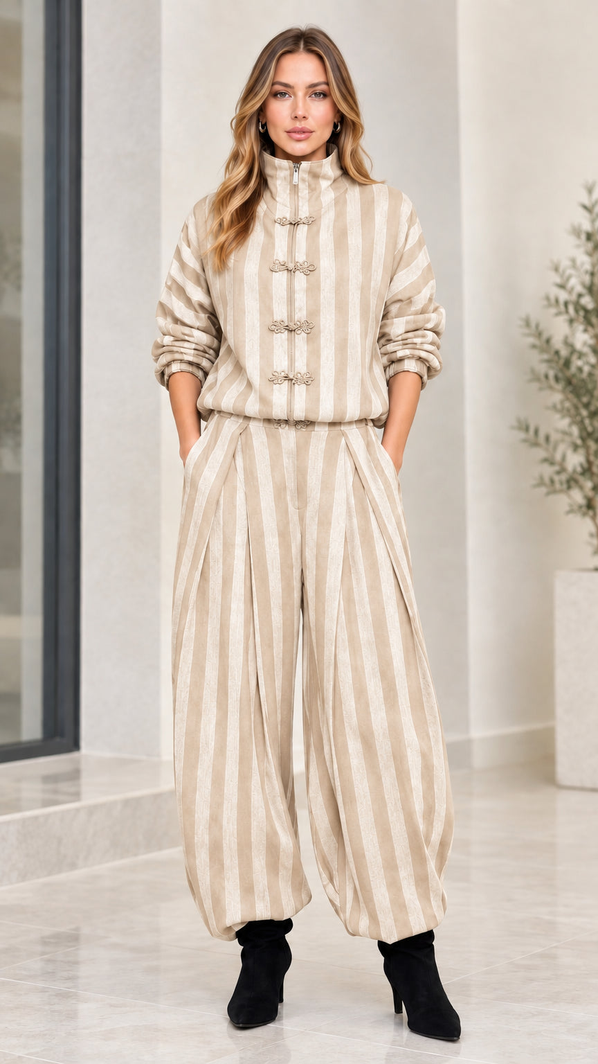 Model wearing beige cream striped two-piece pant set