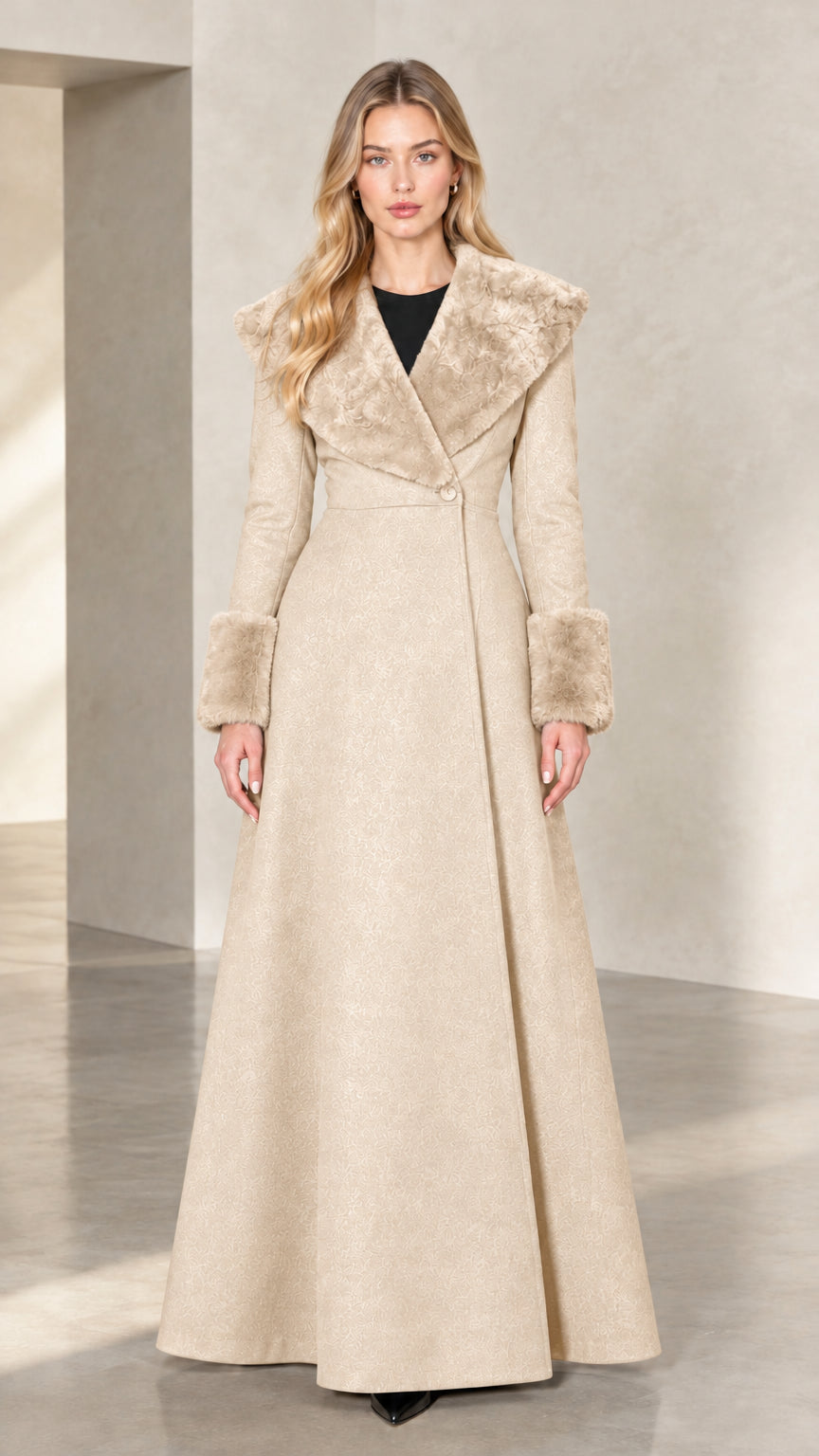Front view of beige cream maxi winter coat with tonal faux fur trim