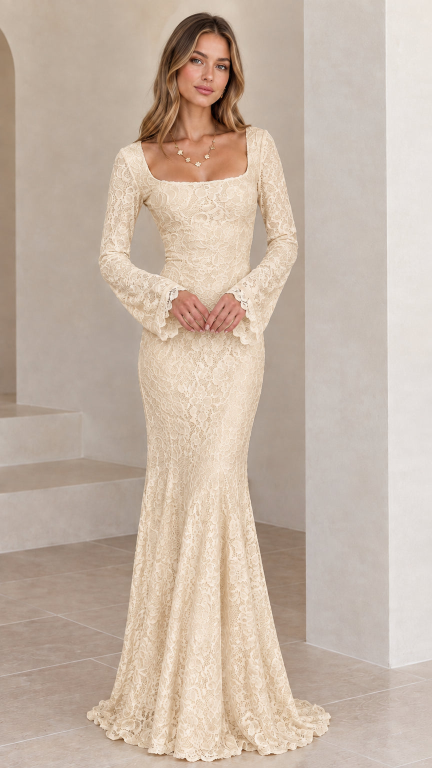 Champagne beige square neck floral lace mermaid maxi dress