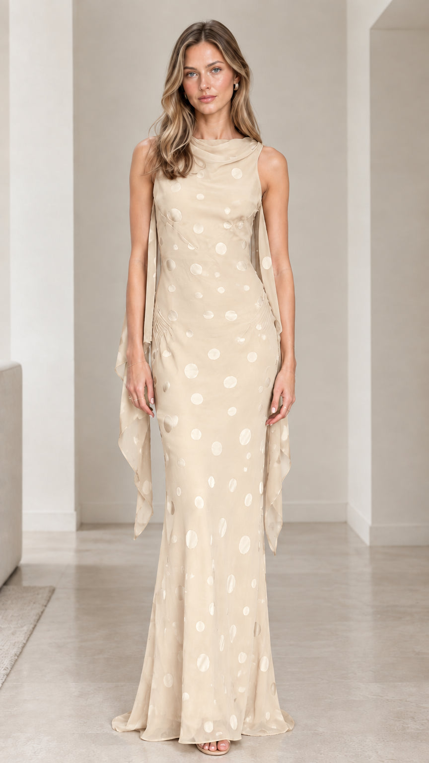 Champagne beige polka dot evening gown front view